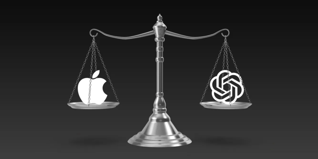 象征双方角力的天平:左侧苹果标志,右侧 OpenAI 标志