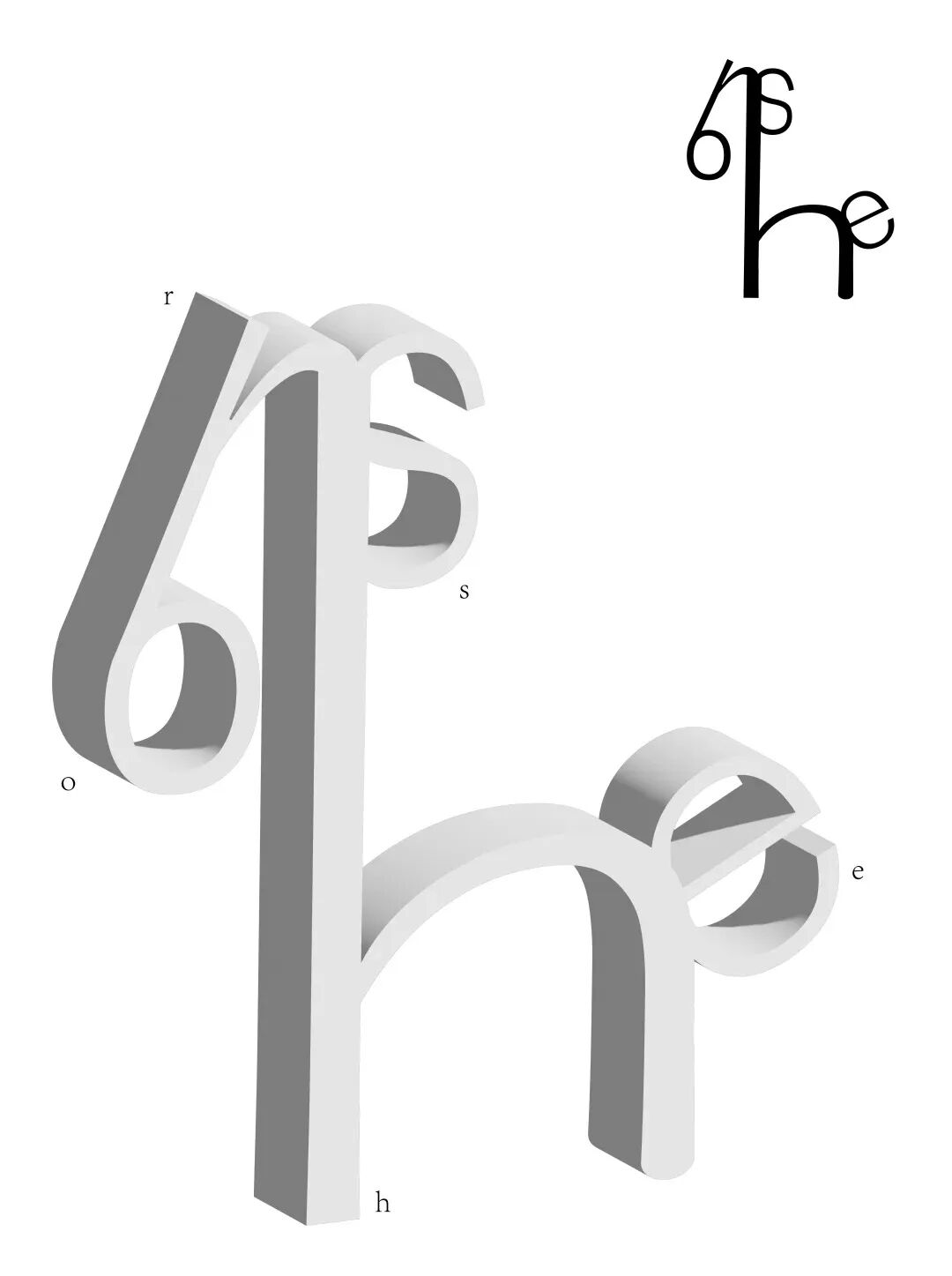 三维立体字母组合：'r'、'o'、's'、'h'、'e' 组成抽象结构，右侧有简化版 'rose'