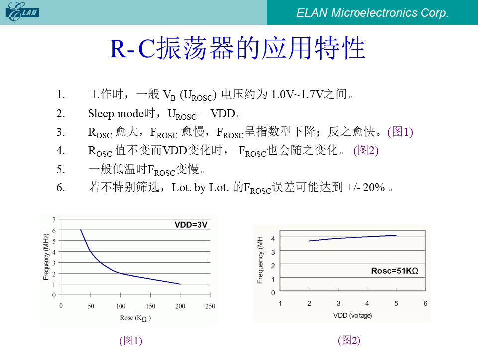 R-C振荡器的频率随Rosc及VDD变化的特性曲线图