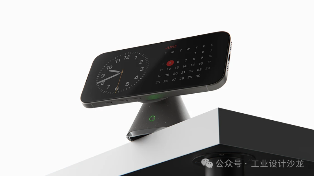 无线充电支架设计概念图：黑色手机悬浮于黑白底座上，屏幕显示时钟与日历界面