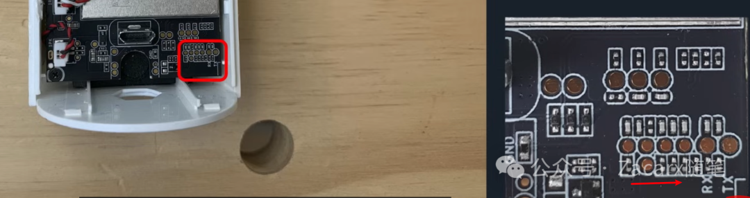 电路板上的RX TX串口接口实物与俯视图