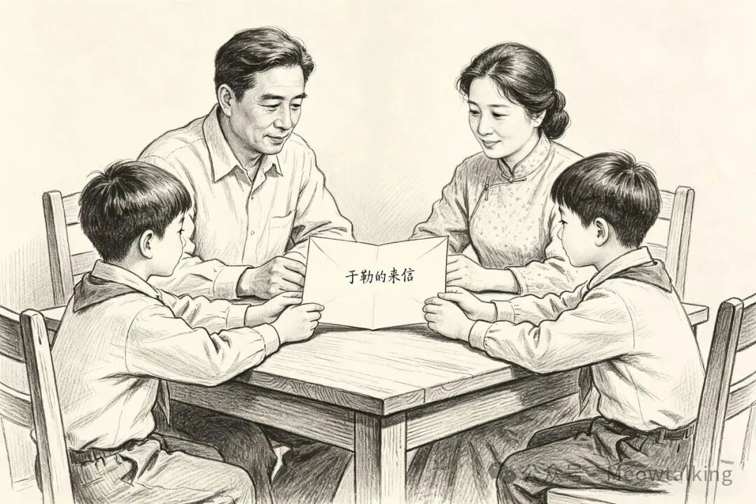 一家四口围着桌子读信，信封上写有‘于勒的来信’