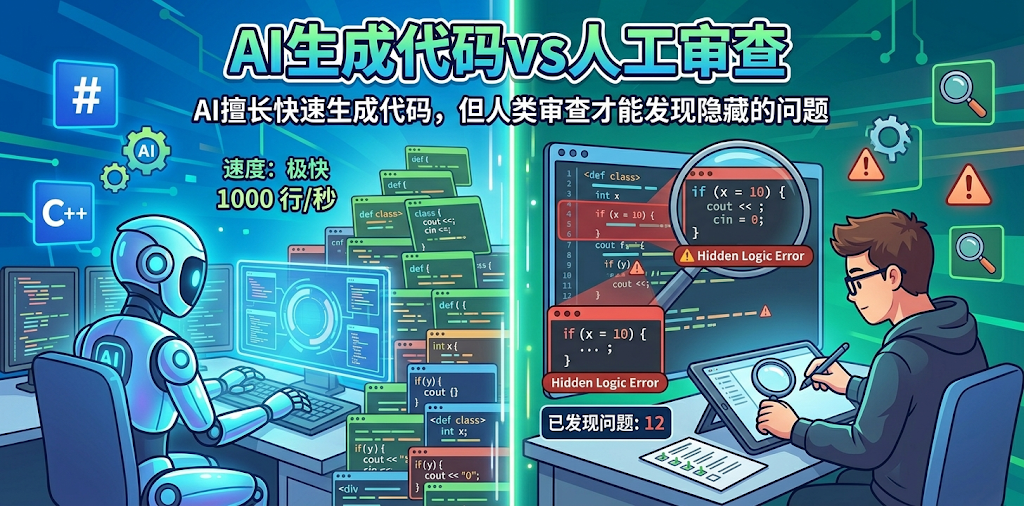 对比插画：AI快速生成代码 vs 人类审查发现隐藏的逻辑错误
