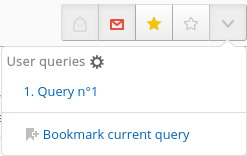 FreshRSS 官方文档中的已保存查询面板:User queries 菜单下可查看当前查询编号,并提供 Bookmark current query 收藏当前查询的选项