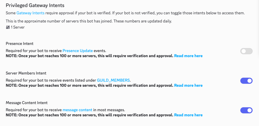 Discord Bot特权网关意图设置界面，高亮MESSAGE CONTENT INTENT选项
