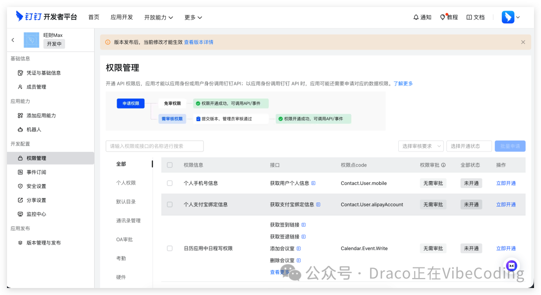 钉钉应用权限管理页面