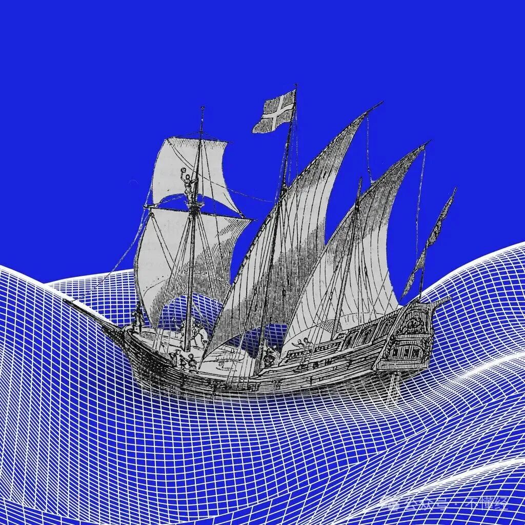 一幅描绘大航海时代帆船与现代网格海洋的插画，寓意探索与未知