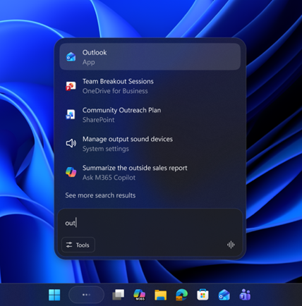 商业版Windows 11开始菜单搜索界面展示更丰富的“out”相关结果