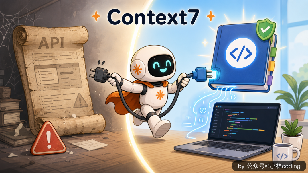 Context7 Skill 插画：机器人将最新的官方文档API接入Claude进行代码编写
