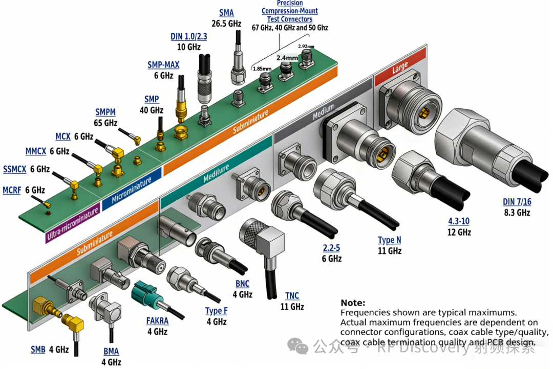 射频同轴连接器选型分类与频率范围示意图