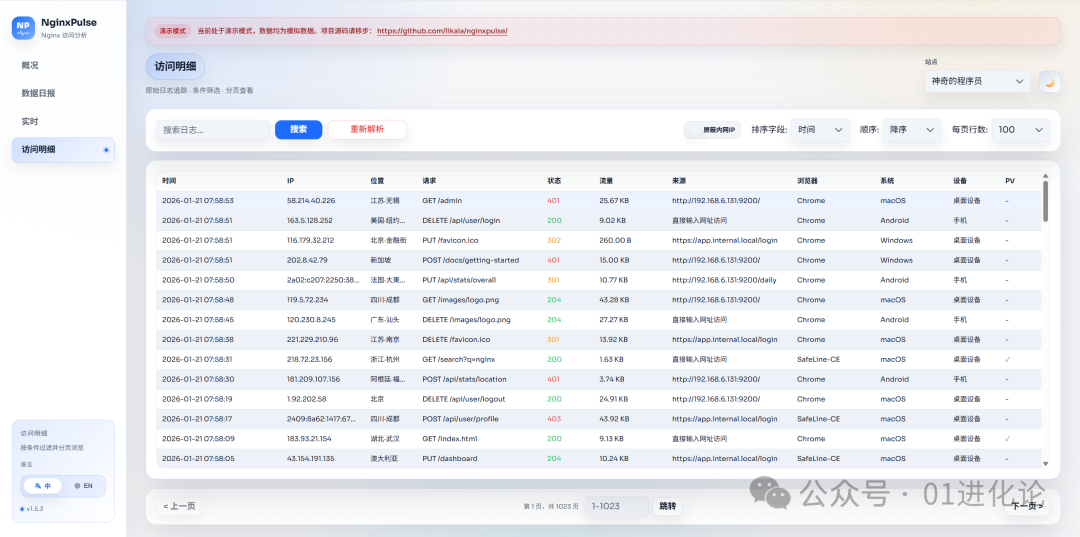 NginxPulse访问明细列表