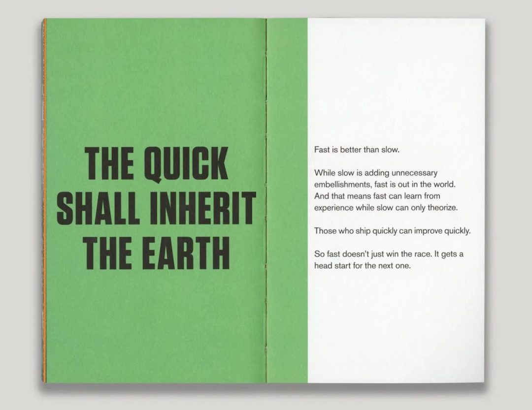 一本打开的绿色封面小册子，左侧印有 "THE QUICK SHALL INHERIT THE EARTH" 粗体黑字，右侧白页阐述快速行动优于缓慢修饰的理念