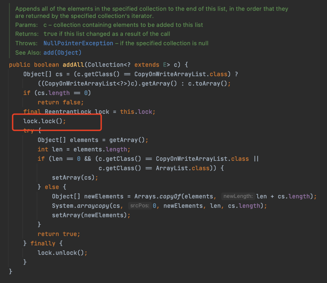 CopyOnWriteArrayList addAll方法锁范围截图