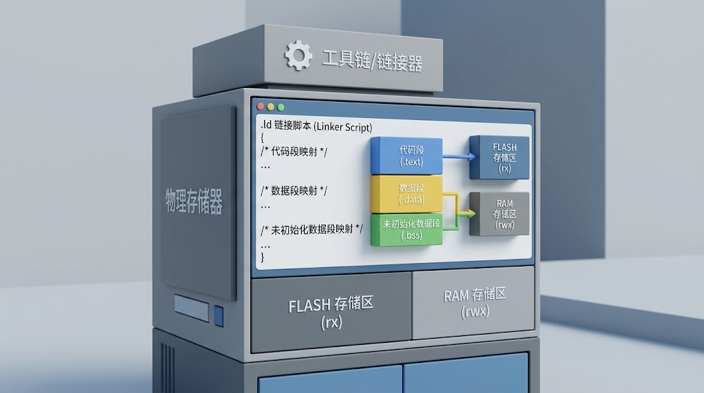 链接器脚本与存储器映射关系示意图
