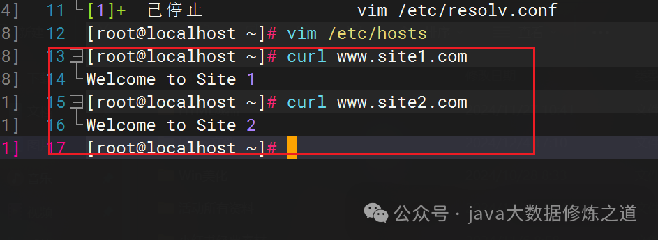 终端执行 curl 命令分别访问 www.site1.com 和 www.site2.com,返回各自站点欢迎语的测试结果