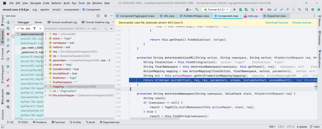 IDE代码界面截图，显示determineActionURL方法实现
