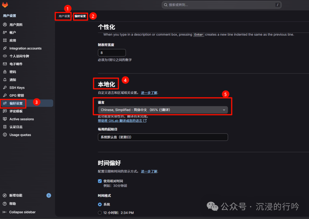 GitLab偏好设置界面截图