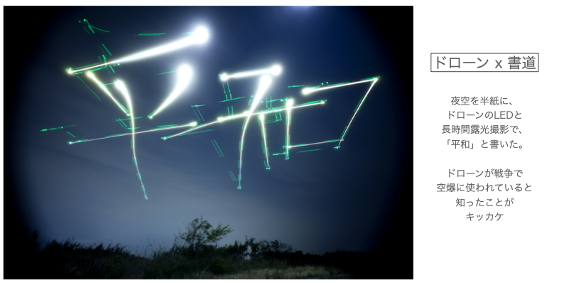 夜空背景下，以LED灯光轨迹和长时曝光摄影方式呈现的发光日文文字“平和”，周围有绿色线条构成的几何结构；画面下方为深色树梢剪影；右侧白色区域有黑色日文说明文字，顶部标题为“ドローン x 書道”（无人机 × 书法）。