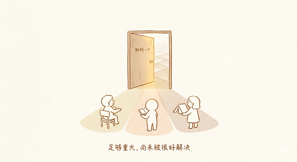 一扇半开的门,门外是阶梯与光亮,门上写着“如何…?”