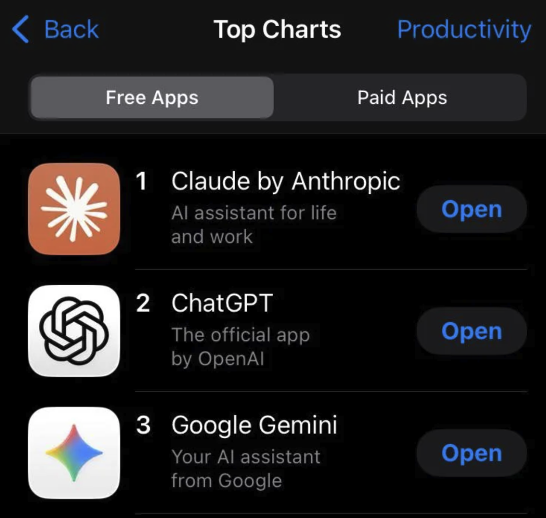 App Store排行榜显示Claude登顶第一