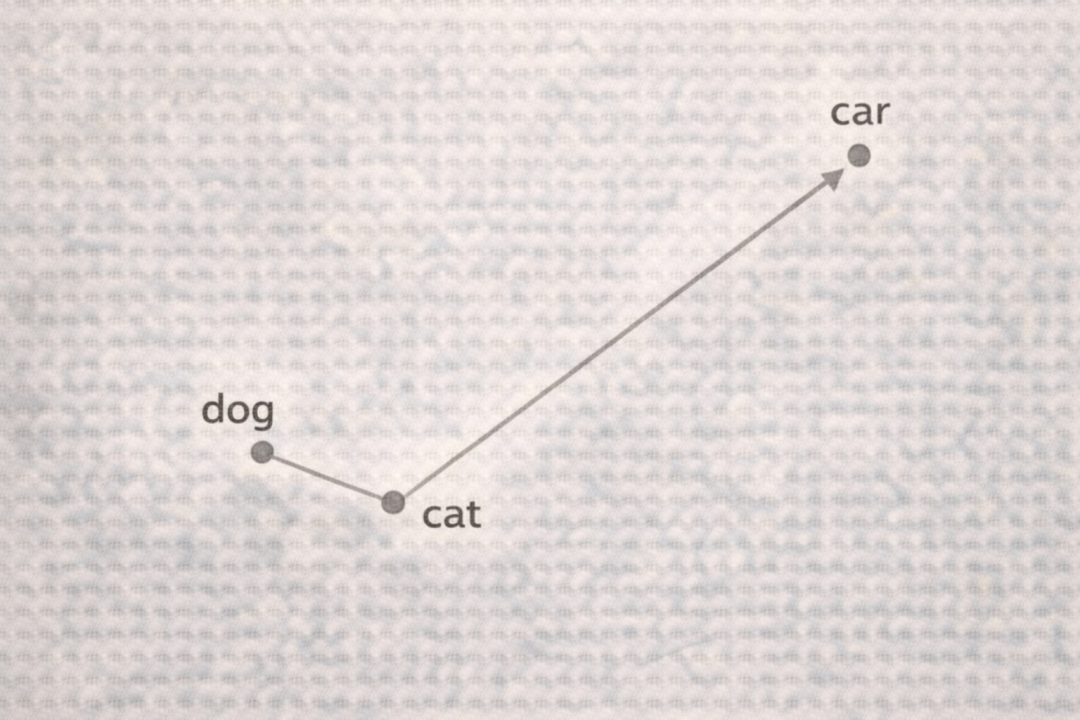 词向量空间示意图：dog, cat, car等词在向量空间中的关系