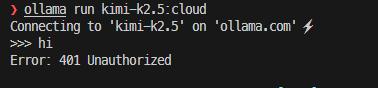 终端显示运行 Kimi 模型时遇到 401 未授权错误