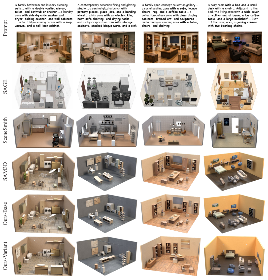 SAGE、SceneSmith、SAM3D 与 SceneMosaic 对不同室内场景的生成效果对比