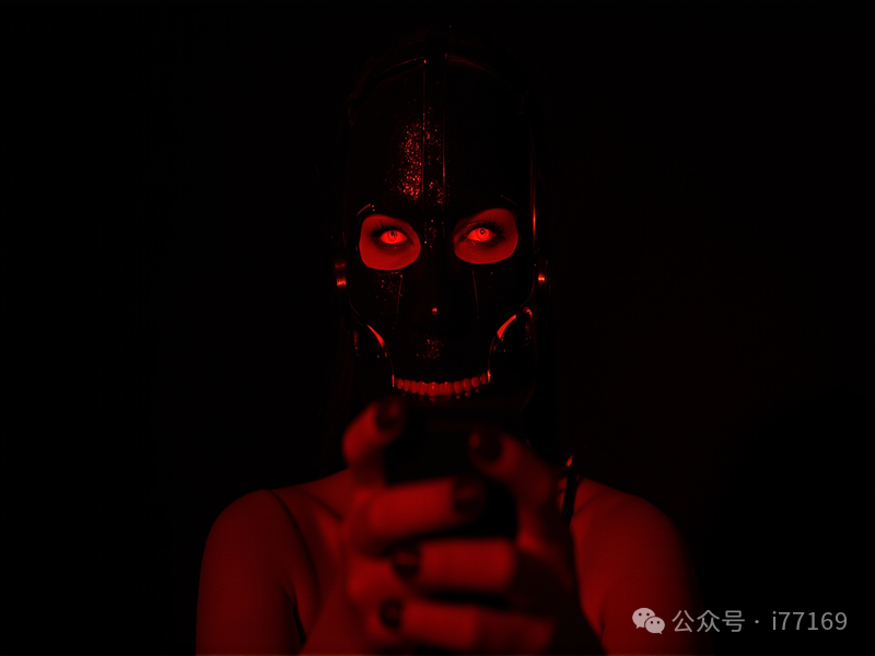 网络战争概念图：头戴骷髅面具手持手机的黑客