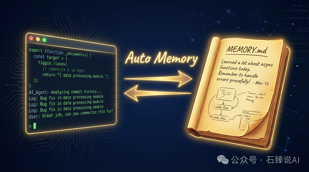 Auto Memory工作流程示意图:代码终端与MEMORY.md笔记本的交互