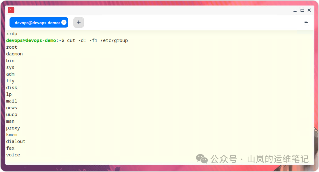 终端列出/etc/group文件中的组名列表
