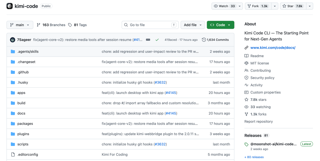 Kimi Code GitHub 仓库页面,展示 Next-Gen Agents 项目信息