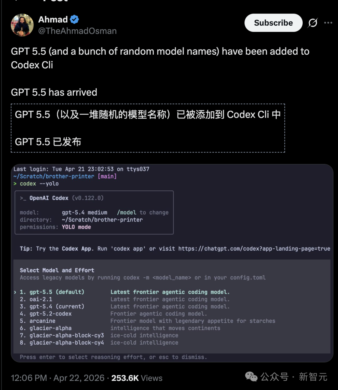 GPT 5.5（以及一堆随机的模型名称）已被添加到 Codex Cli 中