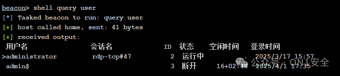 执行query user命令结果截图