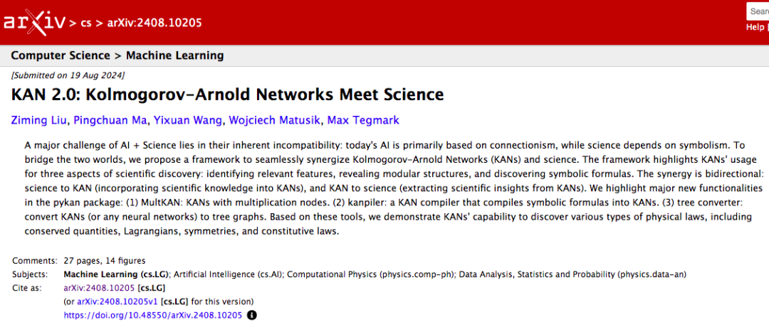 arXiv论文页面截图，标题为“KAN 2.0: Kolmogorov–Arnold Networks Meet Science”
