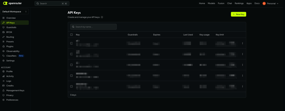 OpenRouter 网站 API Keys 管理页面