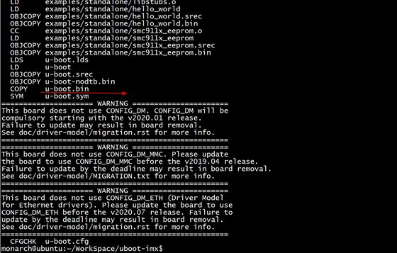 U-Boot 编译成功输出,包含 u-boot.bin 及相关警告信息