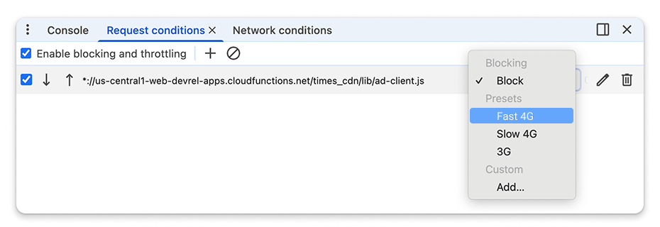 Chrome DevTools 请求条件抽屉界面