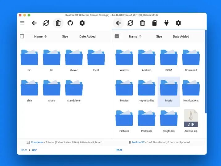 OpenMTP的双面板文件管理器界面