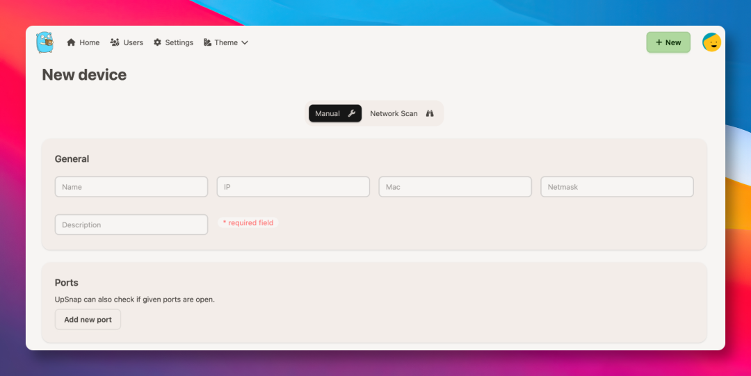 UpSnap手动添加新设备界面