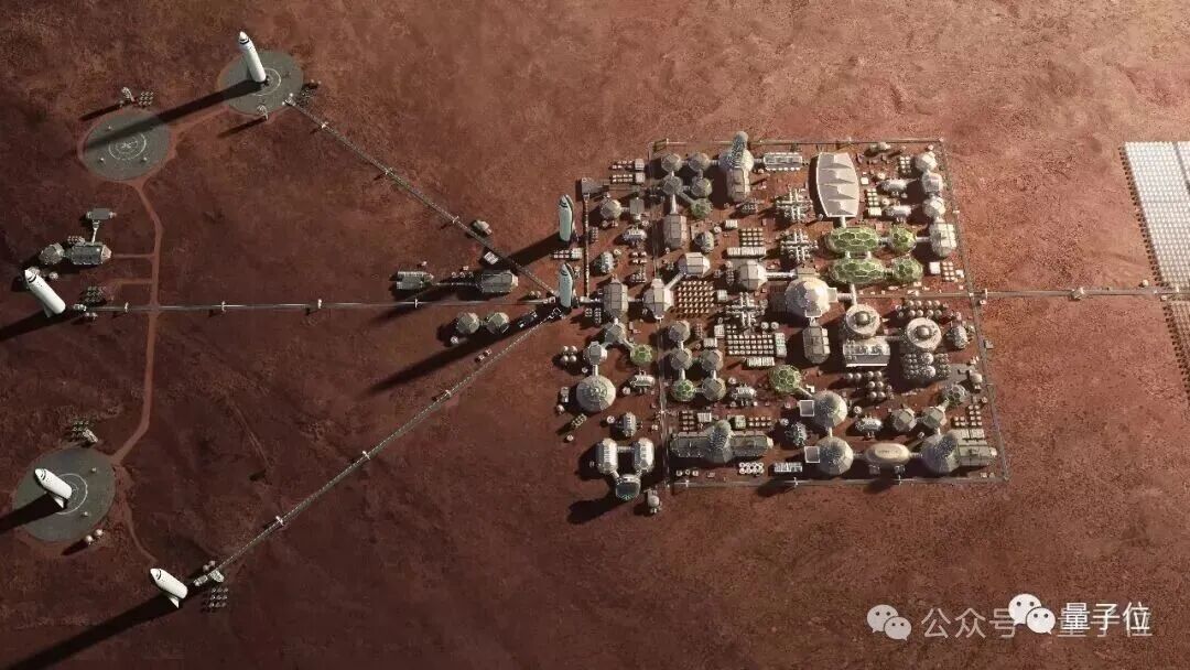 火星殖民地俯瞰概念图,布满圆顶建筑和发射塔