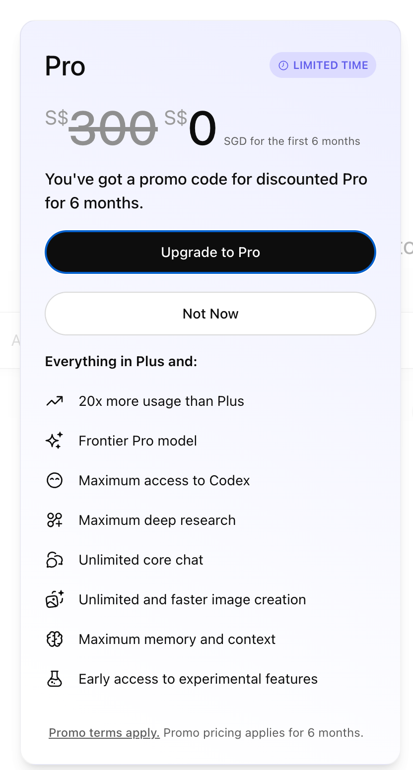 OpenAI Pro订阅权益领取界面，显示限时优惠价格为0元，提供六个月的Pro资格