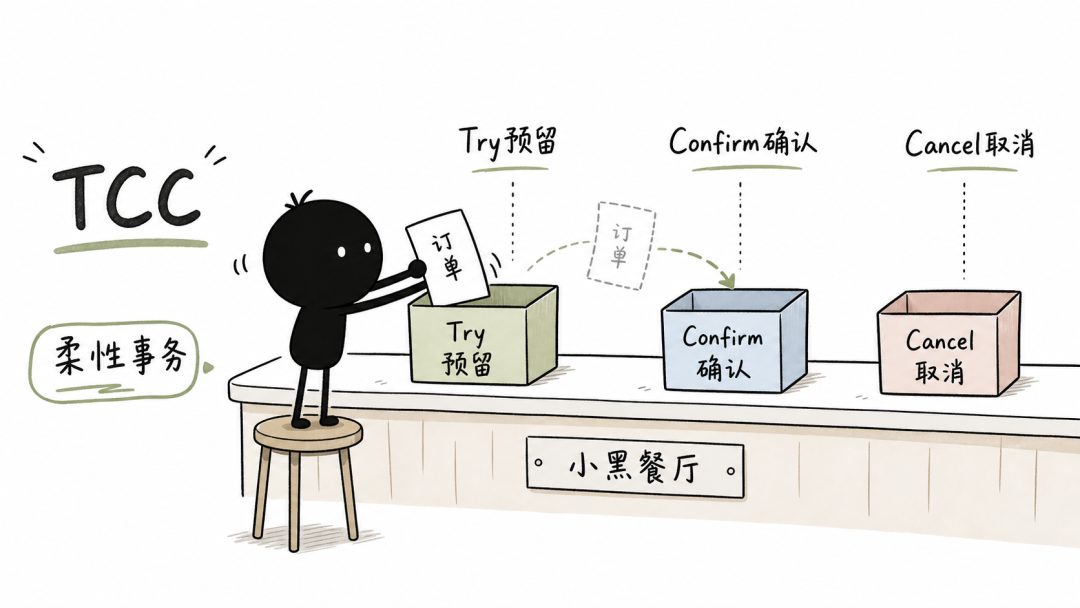 TCC柔性事务的三阶段流程示意图