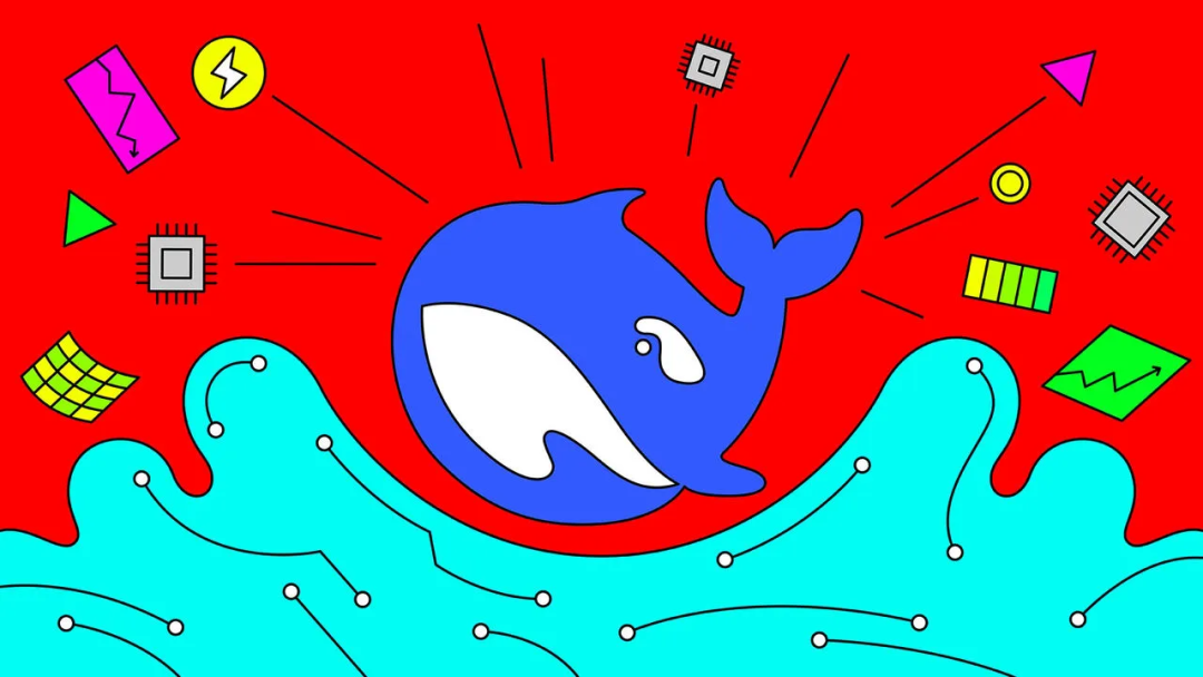 科技插画：蓝色鲸鱼跃出青色科技波浪