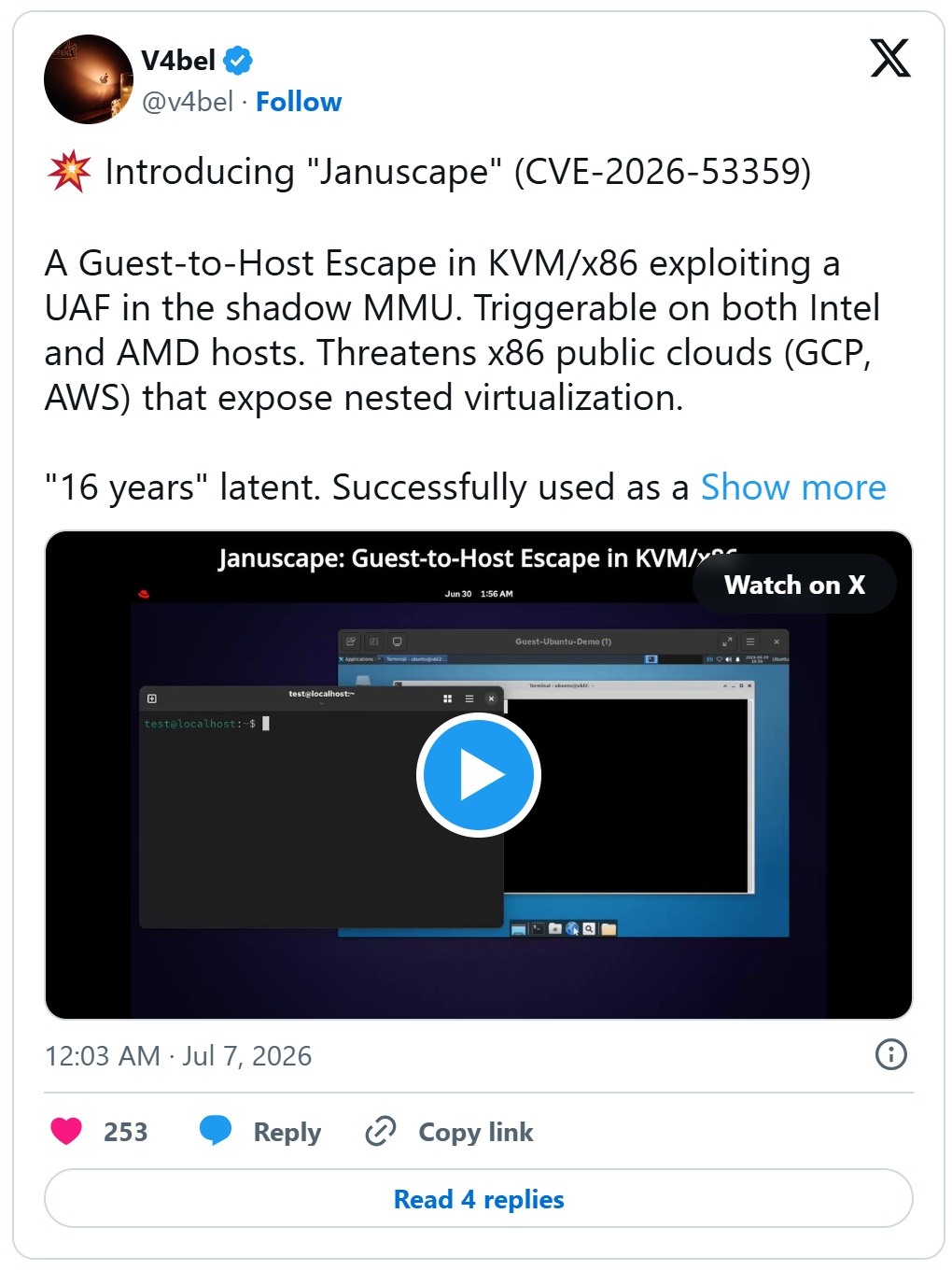 研究员V4bel发布Januscape漏洞公告的推文截图