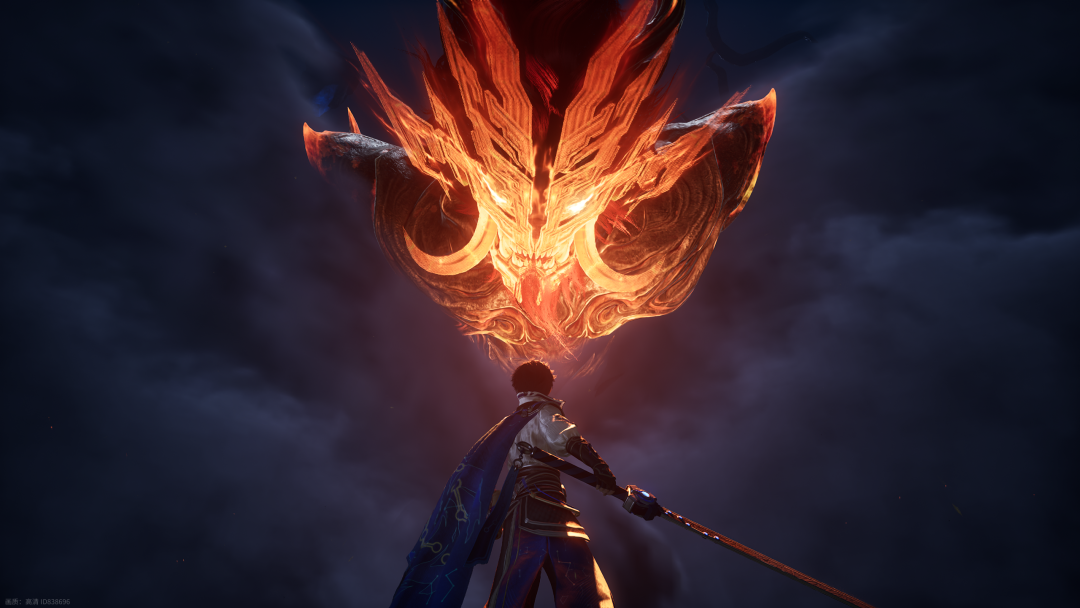 游戏内的战斗场景，角色面对巨大的恶魔头颅