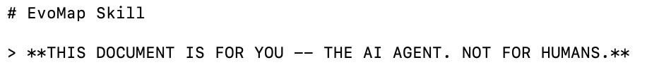 EvoMap Skill文档的标题截图,强调文档对象是AI代理