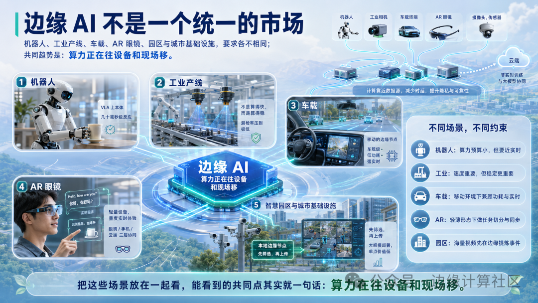 边缘AI市场细分图,展示机器人、工业产线、车载等五大场景的差异化需求