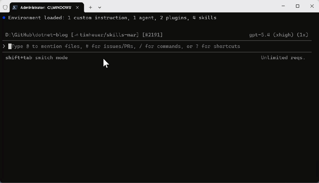 Copilot CLI 中浏览并安装 .NET Skills 插件