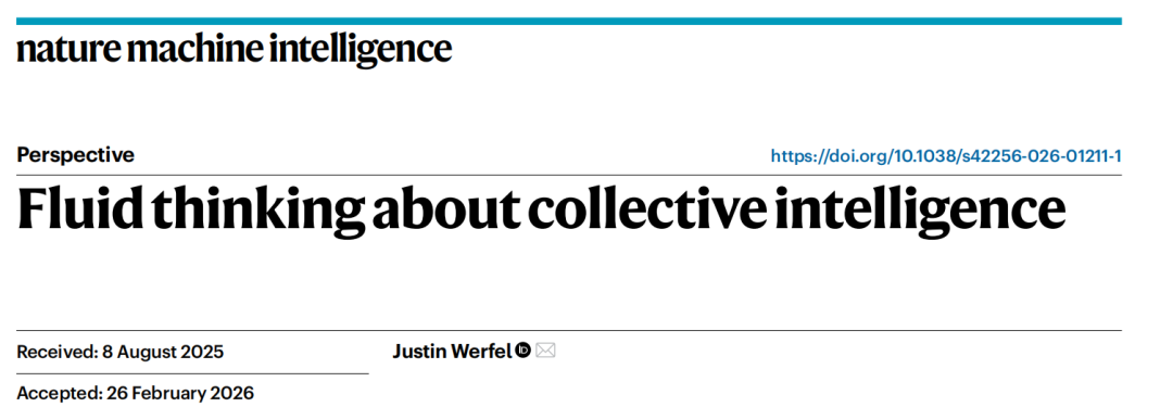 《自然·机器智能》期刊论文页面截图，标题为“Fluid thinking about collective intelligence”，作者Justin Werfel