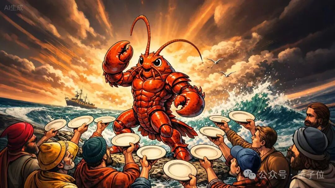 AI生成的奇幻场景：巨型龙虾被人类朝拜